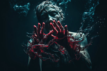 a woman with her hands up in the air, surrounded by red and black liquid bubbles floating over her faceの素材
