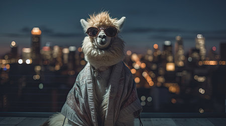 a dog wearing sunglasses on top of a building with the city lights in the background, taken from behind itの素材