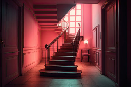 stairs in an empty room with pink walls and red light coming from the window, 3d rendering illustration stock photoの素材