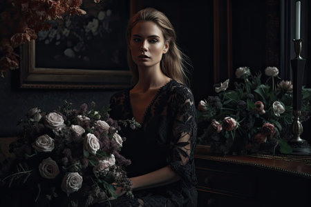 a woman sitting in front of a mirror holding a bunch of flowers she is wearing a black dress and looking at the cameraの素材