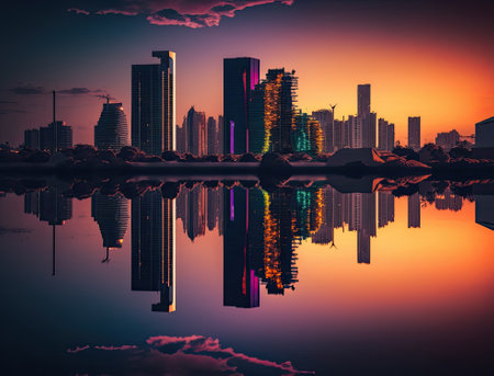 a city at night with the sun setting on the water and buildings reflected in the still - lit watersideの素材