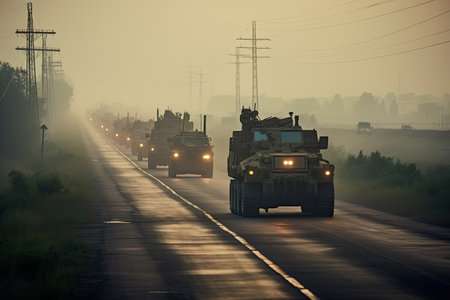 two military vehicles driving down the road in the foggy mist, with trees and power lines on either sidesの素材
