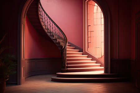 a staircase in an old house with pink walls and red stairs leading to the second floor, there is a plant on the rightの素材
