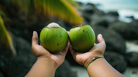 two coconuts being held in the palm trees with water and rocks in the background on a sunny beach dayの素材