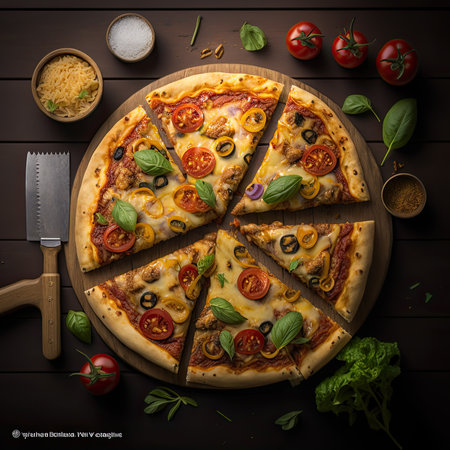 a pizza with different toppings and ingredients around it on a wooden cutting board next to a slice of pizzaの素材