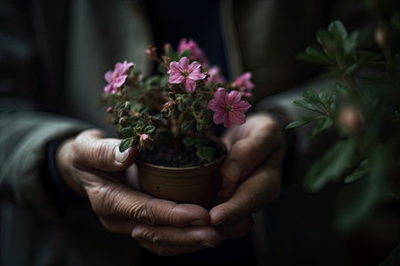 two hands holding a small pot with pink flowers in it and green leaves on the other ones handの素材