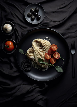 pasta with tomatoes and basil on a black plate next to some olives, an onion and tomato are in the backgroundの素材