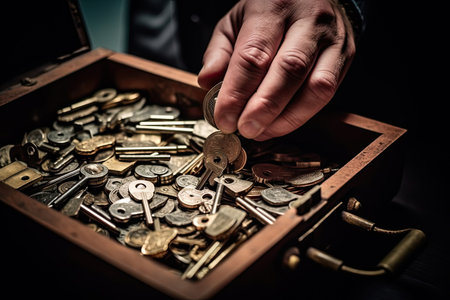 a persons hand reaching into a wooden box filled with lots of old keys and other things in itの素材