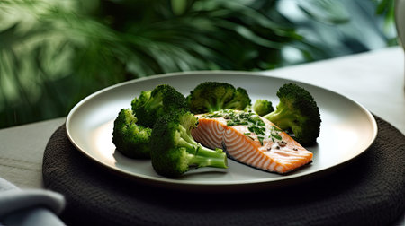 salmon and broiled broccos on a plate with some broccos in the middle, sitting on a table next toの素材