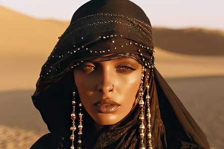 a woman in the desert with her eyes closed and headdres on, looking at the camera she is wearing a black veilの素材