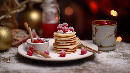 some food on a plate next to a cup and saucer in the background is blurry gold christmas lightsの素材