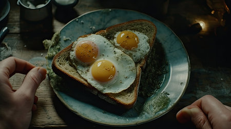 two eggs on top of toasted bread in the middle of someones hand holding an egg that has been friedの素材
