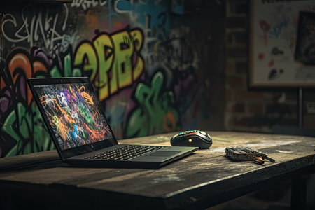 a laptop and mouse sitting on a desk in front of a wall covered with graffiti, the screen is openの素材
