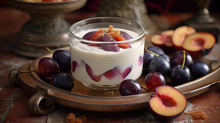 some fruit and yories in a bowl on a wooden table with silver spoons next to the glass is filled with yoriesの素材
