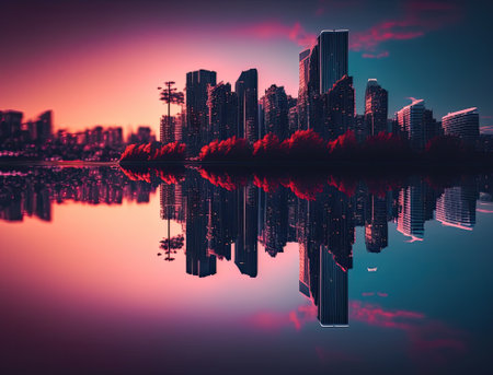the city skyline with red and blue colors in the fore, taken from the waters edge at sunsetの素材