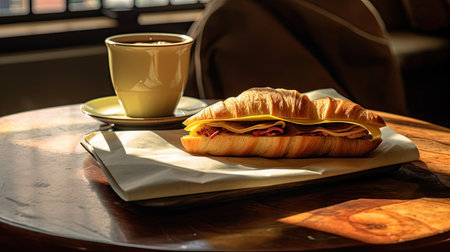 a croise on a table next to a coffee cup and a plate with a croise sandwichの素材