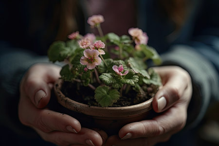 someones hands holding a small plant with pink flowers in the center and green leaves on the other handの素材