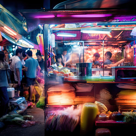 an asian food stand at night time, with people in the background looking on and off to the right sideの素材