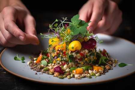 a plate with food on it and two hands reaching over the plate to pick some vegetables from the saladsの素材