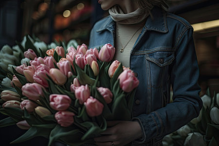a woman holding a bunch of pink tulips in front of her face and looking down at the cameraの素材