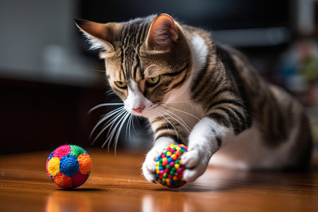 a cat playing with a ball on the floor in front of its eyes, looking at the cameraの素材