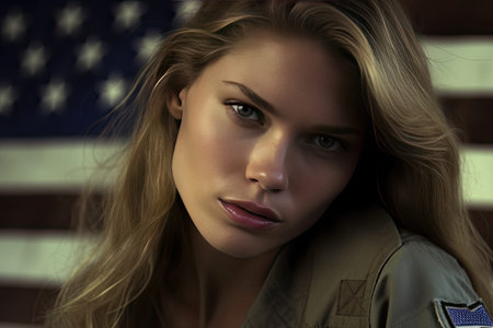 a woman in an army uniform with the american flag on her shirt and hair blowing in the wind she is looking at the cameraの素材
