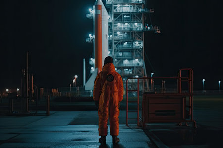 an astronaut standing in front of the space shuttle on the international space centers launch pad at night timeの素材