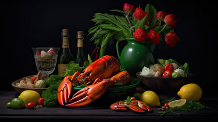 lobster, lemons, and vegetables on a table with flowers in a green vase next to the photo is an empty wine bottleの素材