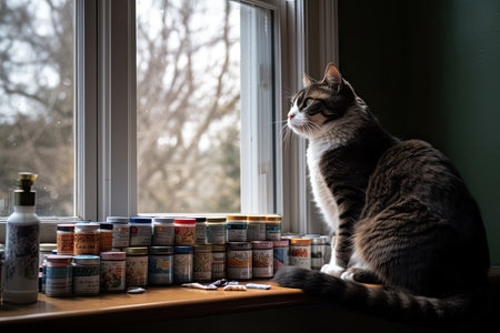 a cat that is sitting on a window sie looking out the window at some canned food in front of itの素材