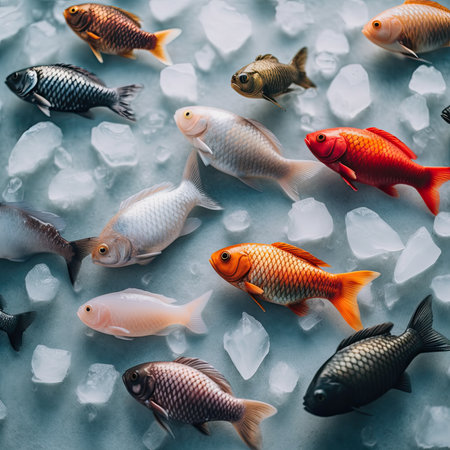 many fish swimming in an ice - filled pool, with the focus on the goldfishs head and tailの素材