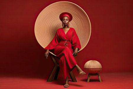 a woman in a red dress and straw hat sitting on a chair with her legs crossed, looking at the cameraの素材