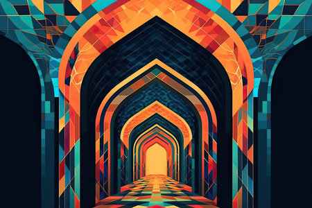 an archway in the middle of a building, with geometric patterns and bright oranges on the walls its dark backgroundの素材