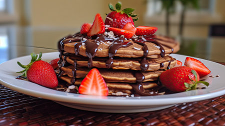 chocolate covered pancakes with strawberries and strawberries on a white plate is sitting on a brown table in the backgroundの素材