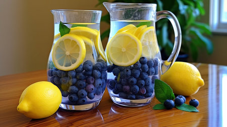 some blueberries and lemons in a pitcher on a table next to two glass jugs filled with waterの素材