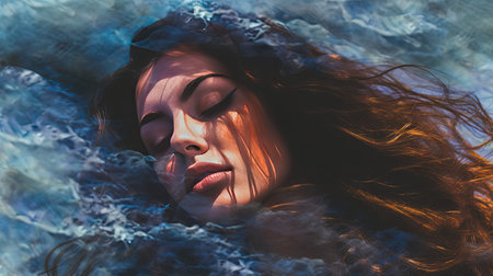 a woman with long brown hair blowing in the wind while she is wearing a hat and looking at the cameraの素材