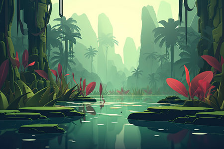 a river in the middle of a jungle with palm trees and water lillies on both sides, illustrationの素材