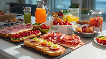 some food that is on the table in front of a large window with lots of fruit and juices around itの素材