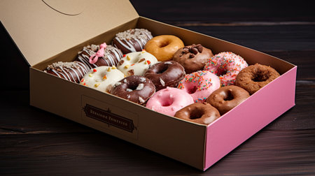 some doughs in a box on a wooden table with dark wood flooring and brown walls behind it is a pink cardboard boxの素材