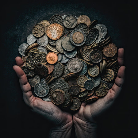 some coins in someones hands on a dark background, with space for text or image to be addedの素材