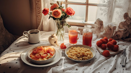 food on a table in front of a window, with flowers and an orange juice next to the plate full of fruitの素材