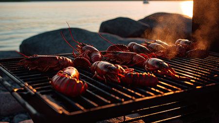 lobsters being cooked on a grill with the sun setting in the background and water behind them to be eatenの素材