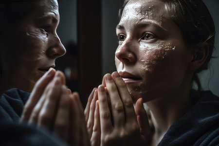 two people who are looking at each other persons face with their hands in front of them, one is touching the otherの素材
