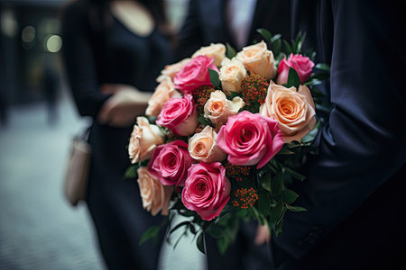 a person in a suit holding a bunch of pink and peach roses with green leaves on their lapelnの素材