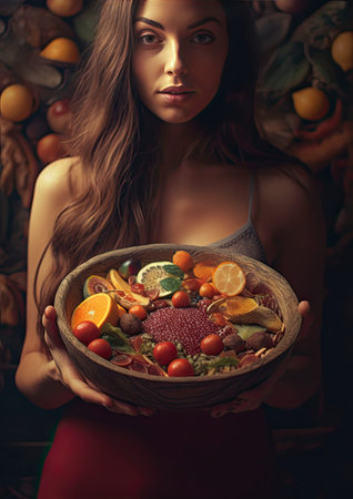 a woman holding a bowl full of fruit and vegetables in front of her face she is wearing a red dressの素材