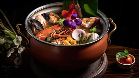 a pot full of food on a wooden table next to some flowers and other things in the bowl is filled with vegetablesの素材