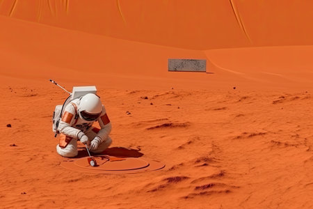 an astronaut kneeling in the desert, with his head down and one foot on the ground holding a small objectの素材