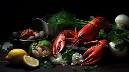 lobster, lemons, and garlic on a table with other food items in the fore - image is taken from aboveの素材
