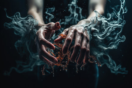 two hands holding an object with smoke coming out from the top left hand, on a black background stock photoの素材