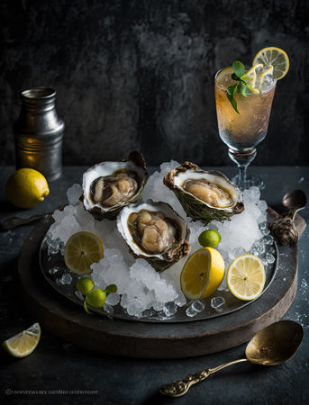 oysters on ice with lemon and lime wedged in the middle, next to a glass of gin waterの素材