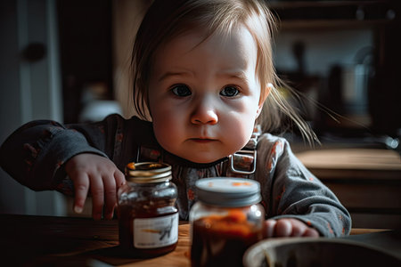 a little girl looking at the camera while shes trying to pick something out of her food in a jarの素材